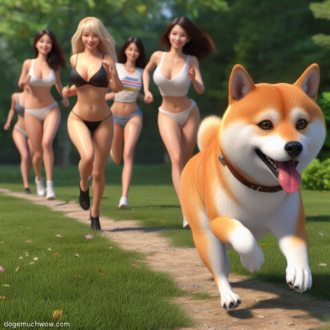 Shiba inu runs away from beautiful girls.