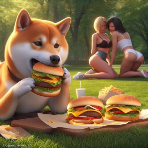 Shiba inu eats burgers and beautiful girls are in the background.