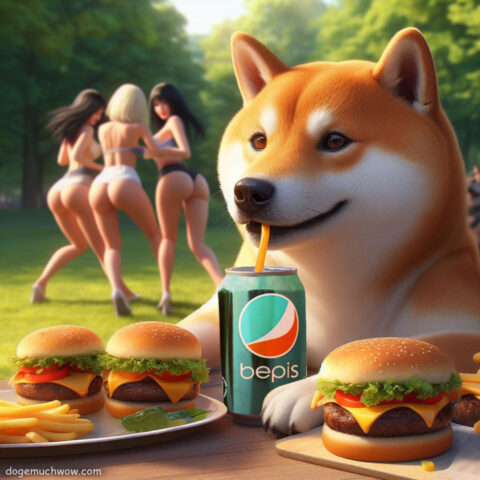 Shiba inu drinks Bepis and beautiful girls are wrestling in the background.