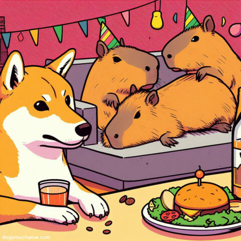 Shiba inu chillin' with capybaras at a home party.