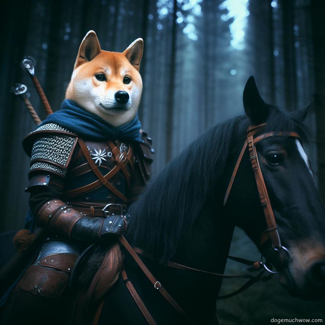 Shiba Inu Witcher rides gallantly on a horse through a dark forest. Adorned with two swords strapped to its back, the determined canine adventurer exudes bravery. The atmospheric setting enhances the mystery as the duo navigates the enchanted woods. This whimsical blend of traditional fantasy and Shiba Inu charm creates a captivating scene, where a spirited dog takes on the role of a fearless hero. Wow.