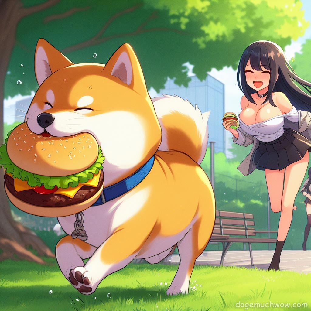 Shibe running away from a black hair girl with big cleavage while holding burger in mouth. Such escape. Wow.