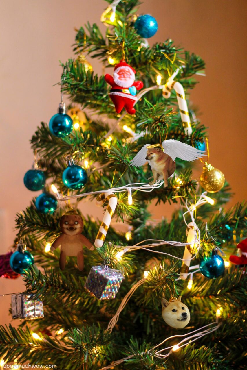 Christmas tree with special decorations like angel Cheems, Christmas bauble and teddy Cheems.