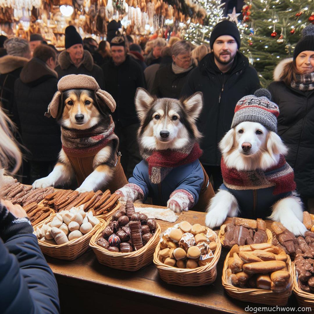 Three dogs wearing winter clothes visiting Christmas Market and checking out food from the open air stalls. Wow.