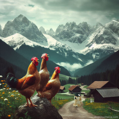 Doge enjoying chicken yodeling in beatiful mountain scenery. Such performance. Wow.