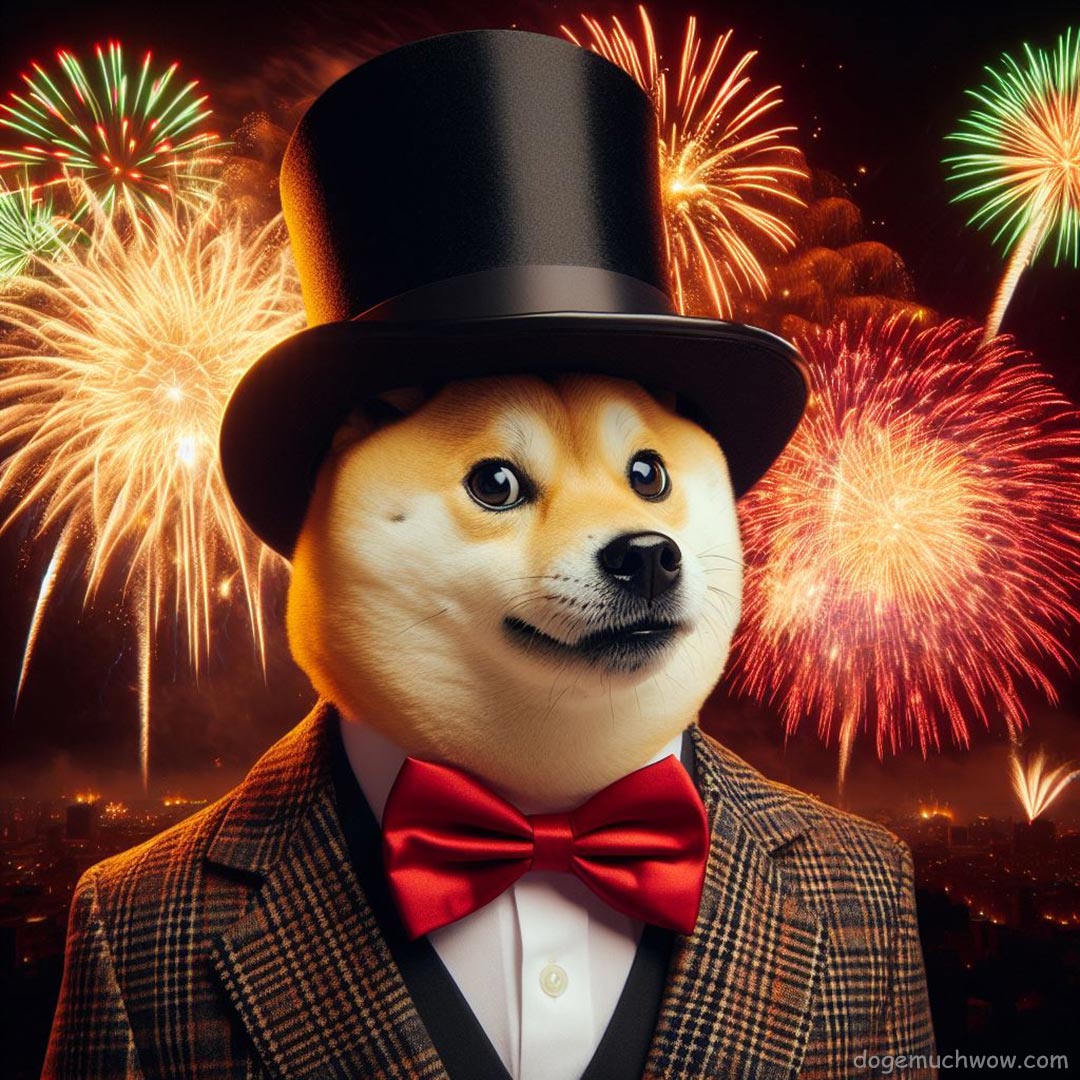 Doge in a suit with a hat and a red bow tie celebrating the new year, fireworks in the background.