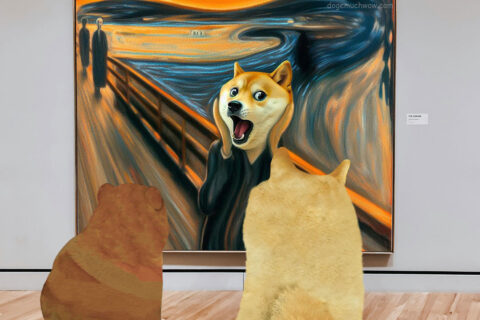 Doge and Cheems admire the painting The Scream by Edvard Munch depicting a Doge dog screaming in angst. Such art. Wow.