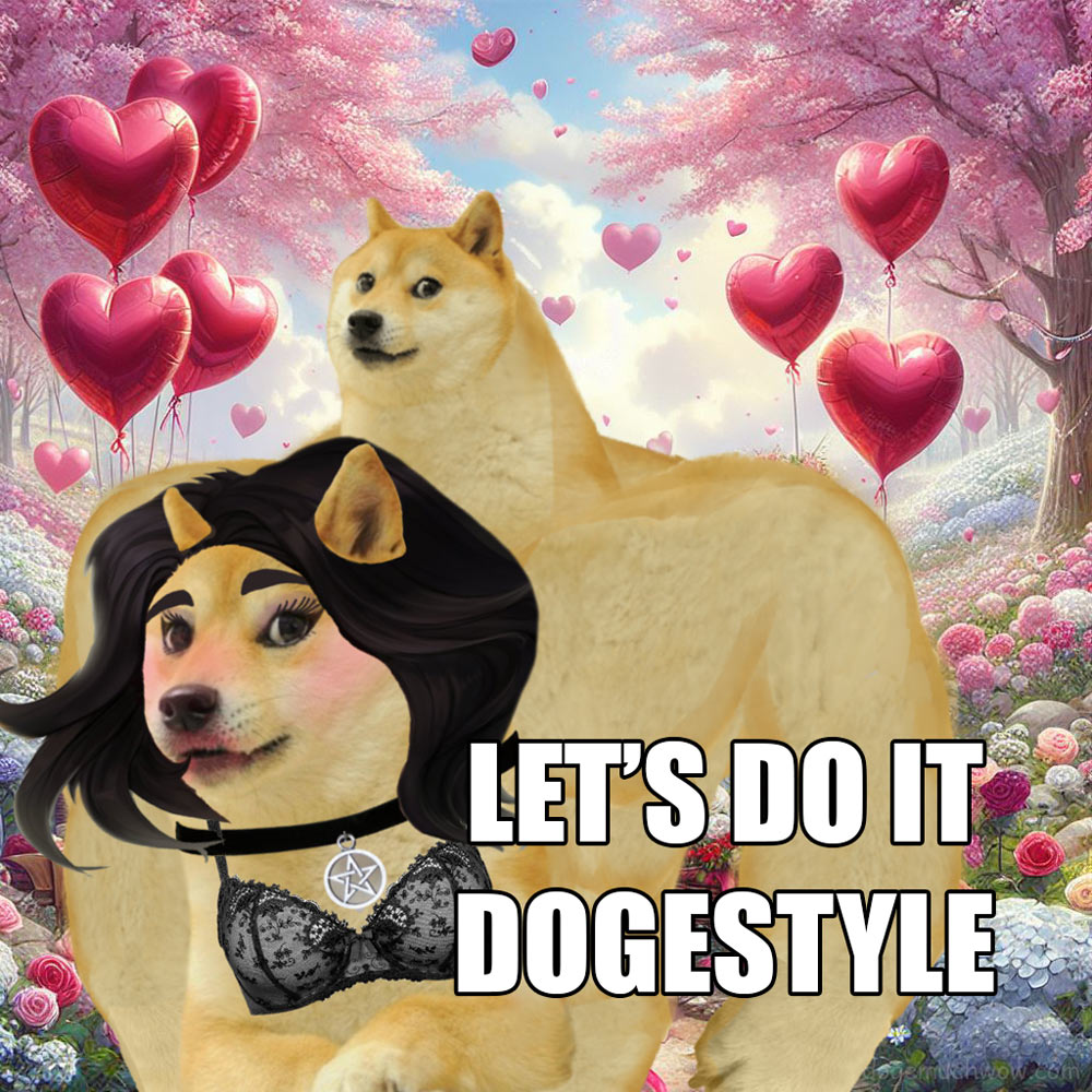 Doge Valentine Card: Doge girl with black hair and bra blushing while doing doggy style with a swole doge. Caption: Let's do it dogestyle.