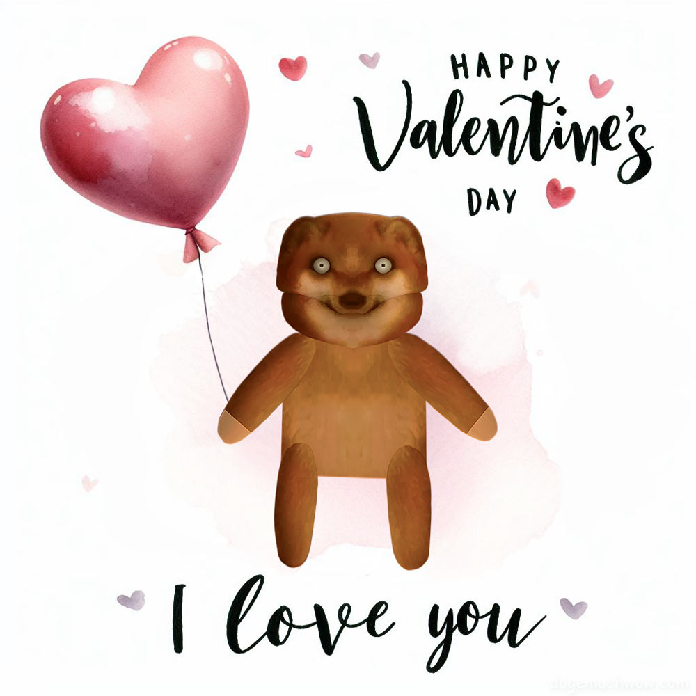 Doge Valentine Card: Cheems doll holding a balloon heart on a string. Caption: Happy Valentines Day. I love you.