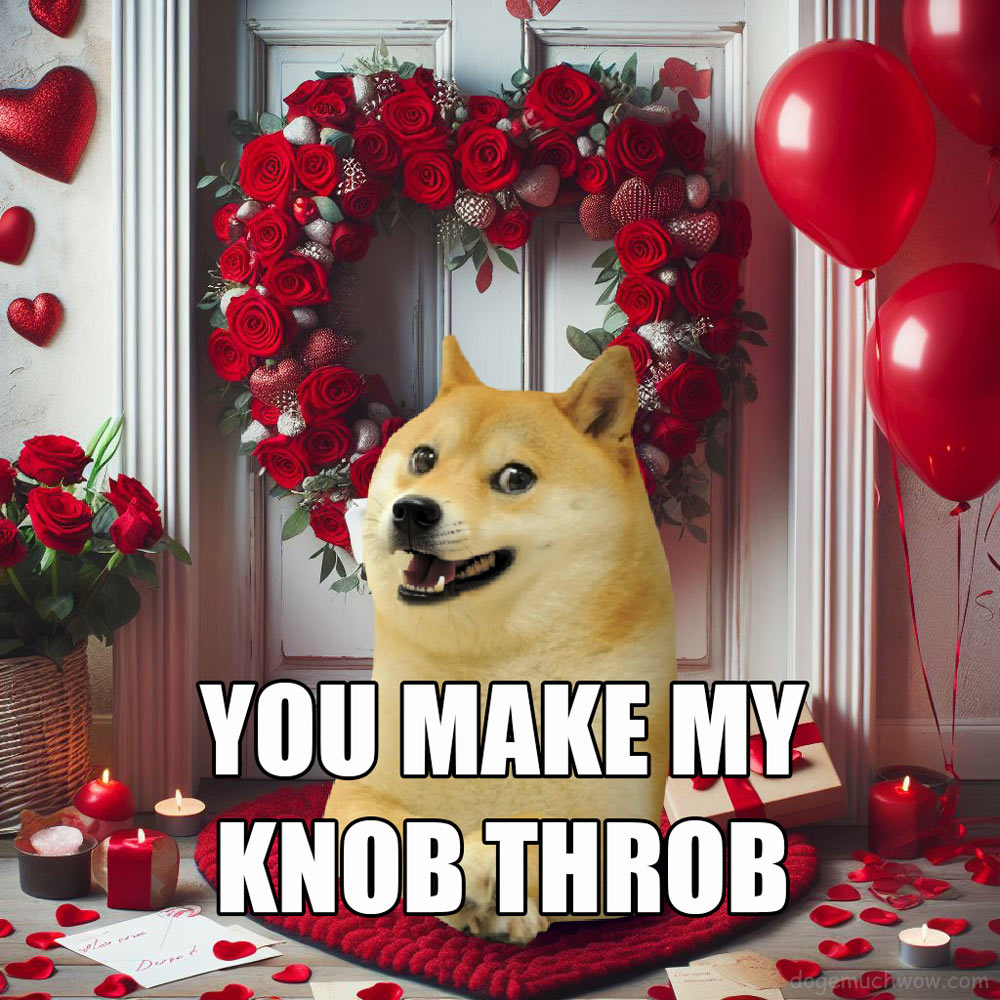 Doge Valentine Card: Happy Doge waiting in front of doors in a room decorated for Valentine's Day. Caption: You make my knob throb.