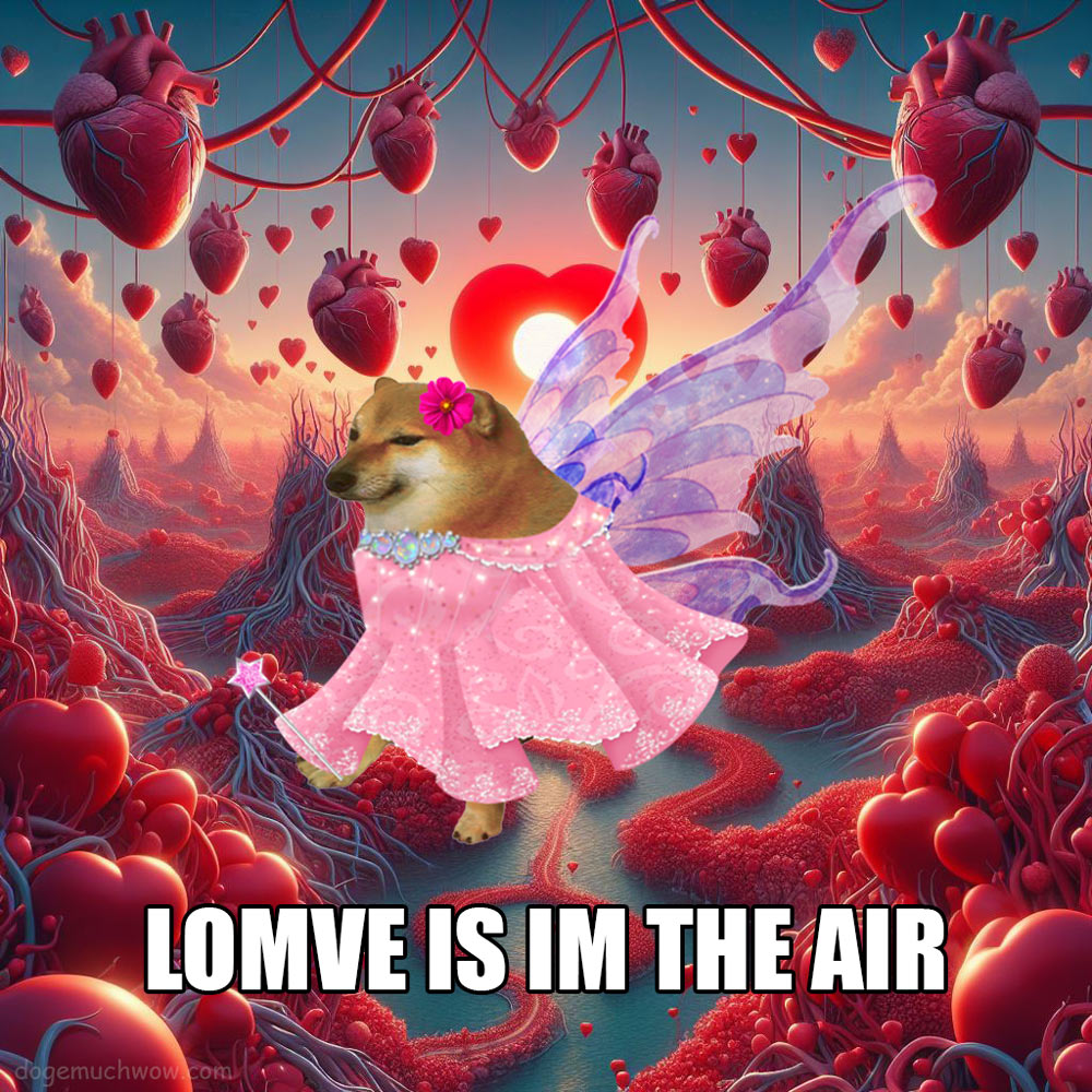 Doge Valentine Card: Fairy Cheems flying in the Heart Realm. Caption: Lomve is im the air.