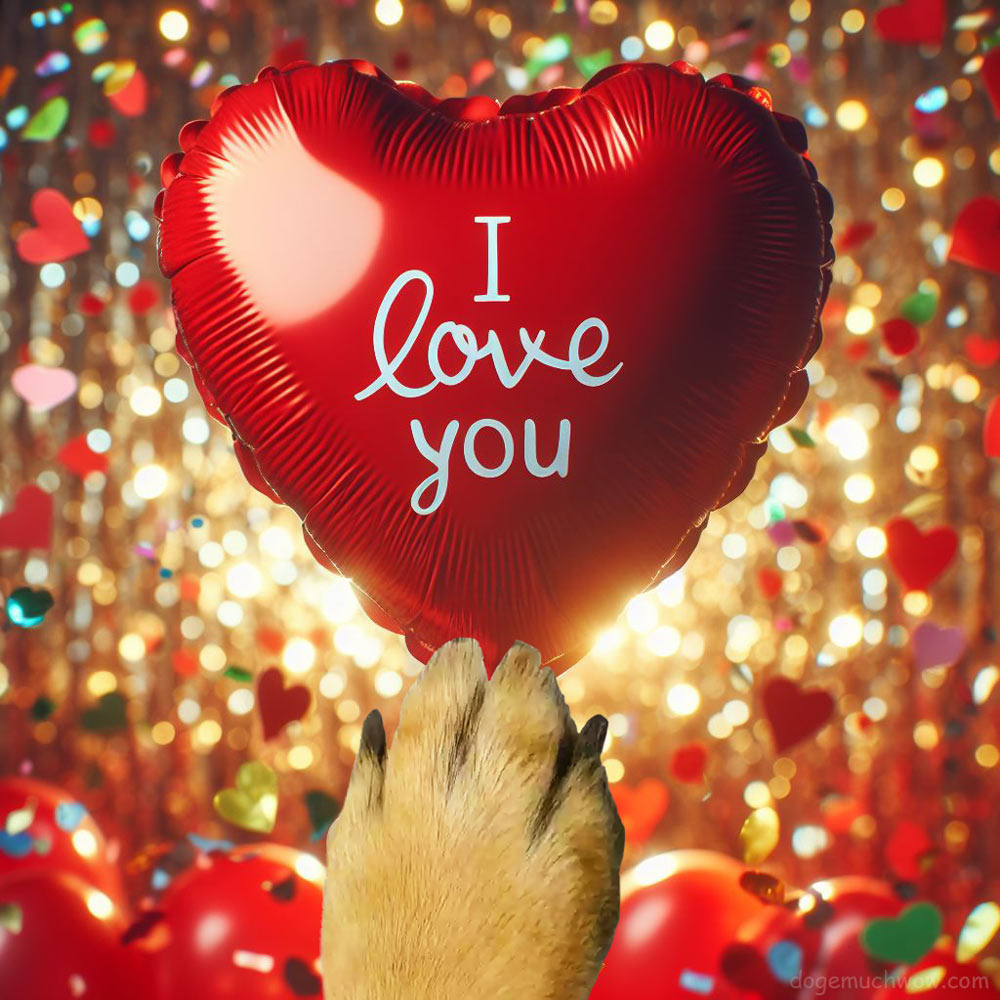 Valentine Card: Doge's hand holding a balloon heart with the words "I love you".