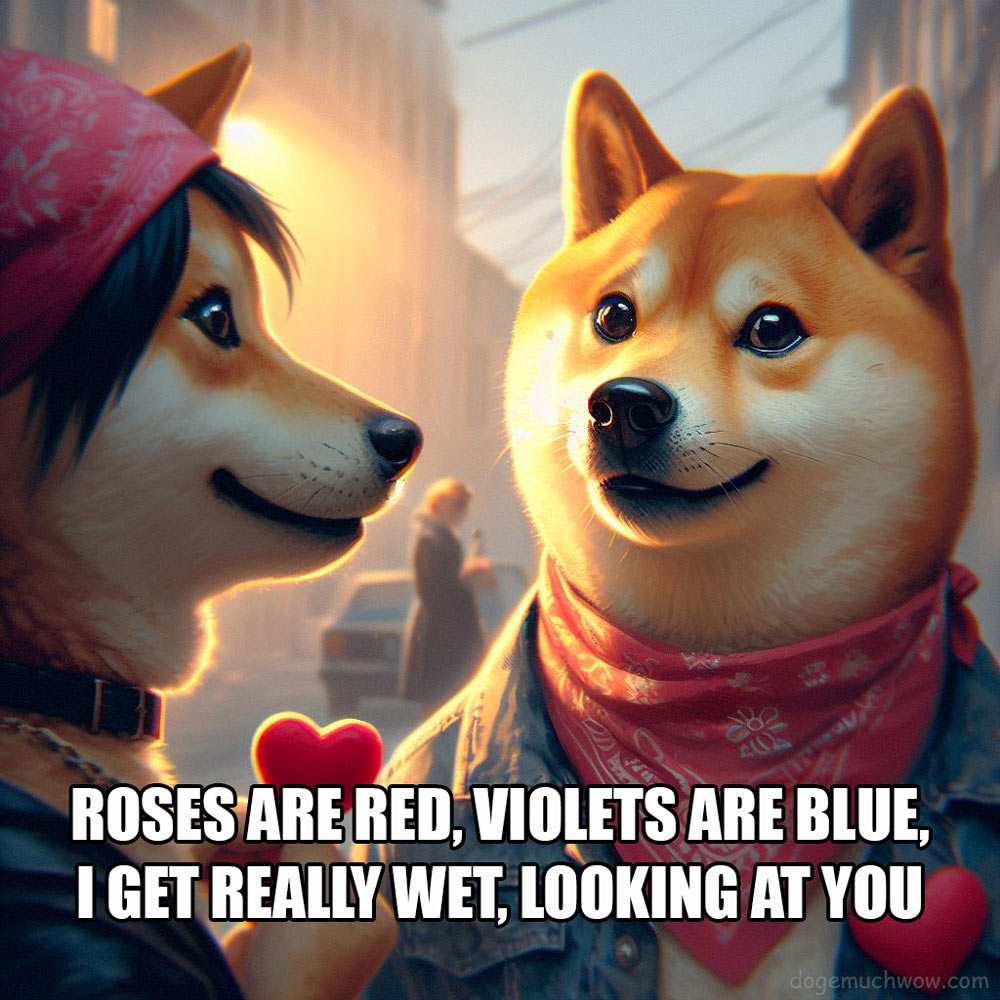 Doge Valentine Card: The Doge lady gives Doge her heart. Caption: Roses are red, violets are blue, I get really wet, looking at you.