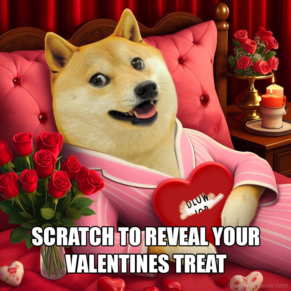 Doge Valentine Card: Sexy happy doge lying on a bed in a bedroom decorated with roses and holding a scratch card heart. Caption: Scratch to reveal your Valentine's treat.