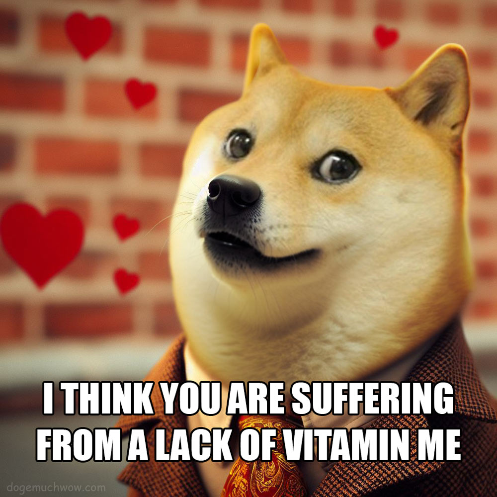 Doge Valentine Card: Stylish gentledog Doge wearing coat, shirt and tie. Caption: I think you are suffering from a lack of vitamin me.