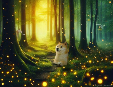 Doge in magic forest surrounded by 10 million fireflies. Doge horse and Cheems fairy in the background. Mamgic. Wow.