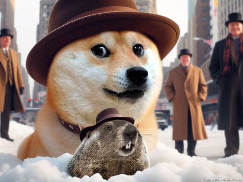 Doge groundhog day celebrations. The groundhog, Doge and Groundhog's Club Inner Circle members in the background are all wearing top hats and the groundhog seems quite surprised. Such day. Much prediction. Wow.