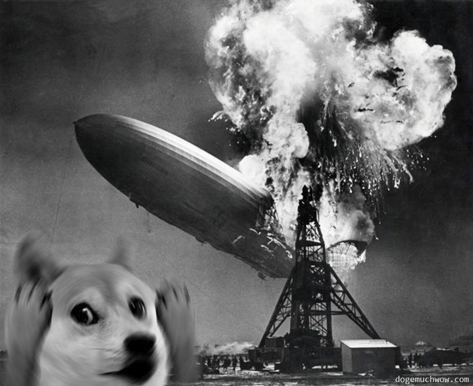 Doge watching Hindenburg disaster. Such zeppelin. Wow.