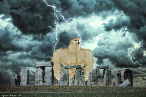 Swole Giant Doge in the middle of Stonehenge during a storm. Such stones. Much lighting. Wow.