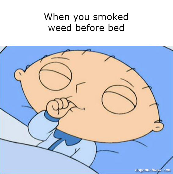 Deep visual thinking 14. Image depicting an obviously happy Stewie Griffin sleeping in his bed and sucking on his thumb. Caption: When you smoked weed before bed.