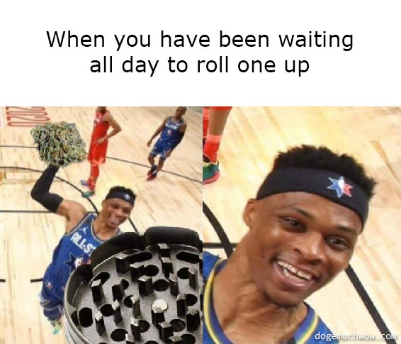 Deep visual thinking 14. Image depicting basketball player putting the weed into the grinder. His face says happiness. Caption: When you have been waiting all day to roll one up.