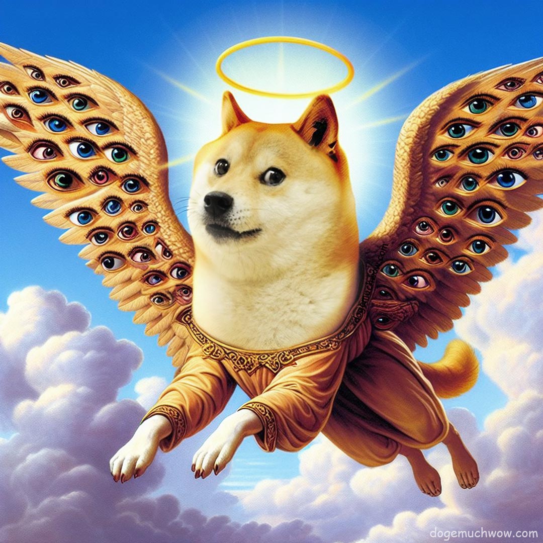 Very biblical angel doge with many eyes on its wings. Such encounter. Much holy. Wow.