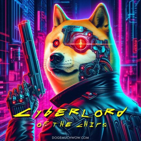 Cyberlord of the Chips movie poster depicting cyberpunk doge with lots of cyberware holding a gun. Neon lit Neo-Shire shines in the background. Such future. Much action. Wow.