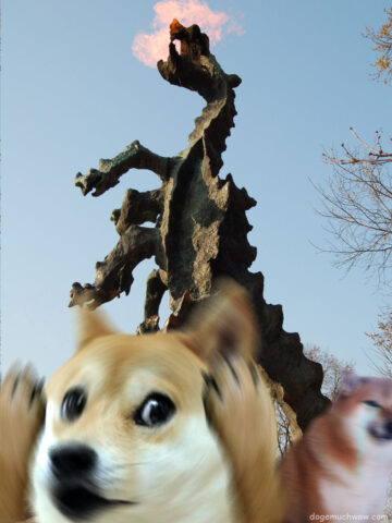 Doge and Cheems flee from the fire-breathing Wawel Dragon. Very fire. Such beast. Wow.