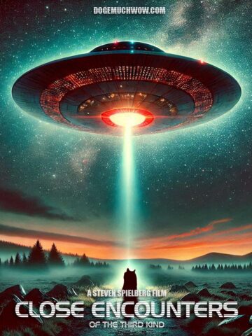 Close Encounters of the Third Kind movie poster. Depicting Doge watching an UFO. Much alien. Wow.