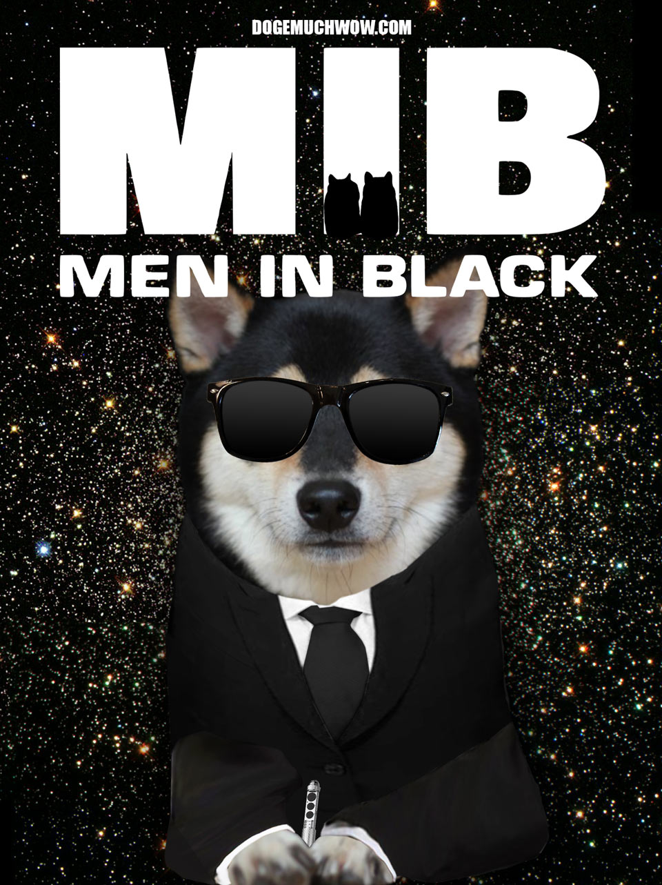 Doge themed Men In Black movie poster depicting a dog in sunglasses holding a memory wiping device. Such tools. Very agent. Wow.