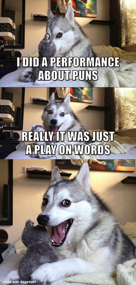 Pun dog meme: I did a performance about puns. Really it was just a play on words. Wow.