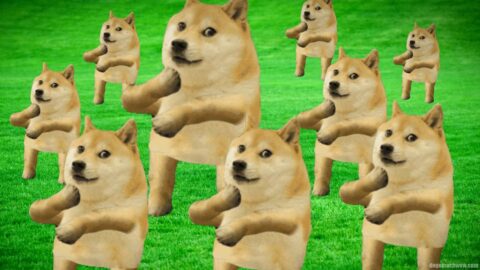 Cyriak inspired Doge dance depicting multiple doge clones dancing on green grass. Wow.