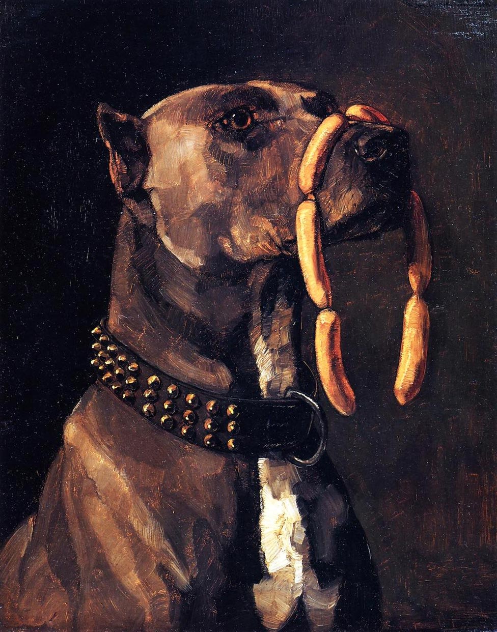 A painting by Wilhelm Trübner titled: Ave, Caesar, morituri te salutant. Depicting a dog with a bunch of sausages hanging from its muzzle. Such art. Wow.