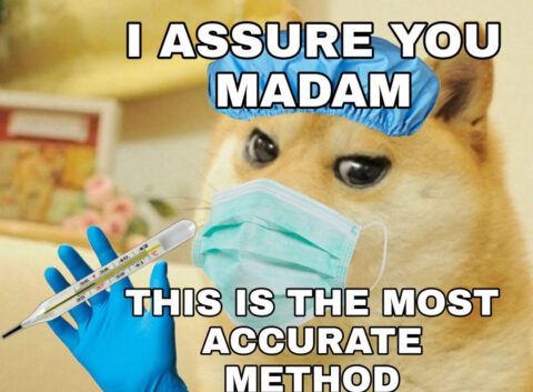 Doge nurse holding a thermometer with intent to stick it in the booty: I ASSURE YOU MADAM THIS IS THE MOST ACCURATE METHOD