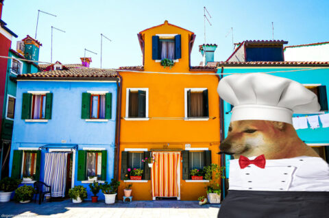 City cook Cheems in front of colorful Italian houses. Such mustache, very maestro. Wow.