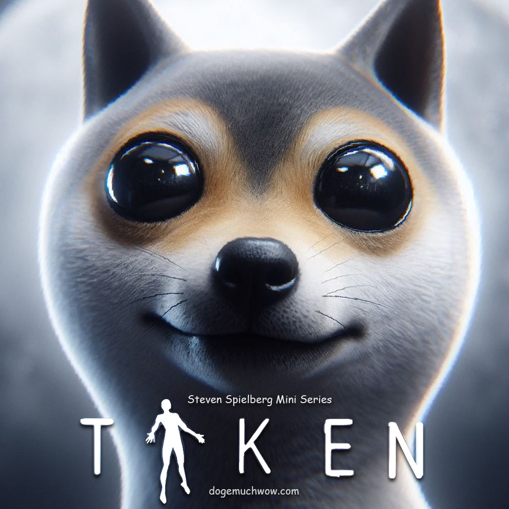 Doge themed Taken Mini Series poster depicting alien doge with big black eyes. Very aliens. Much conspiracy. Wow