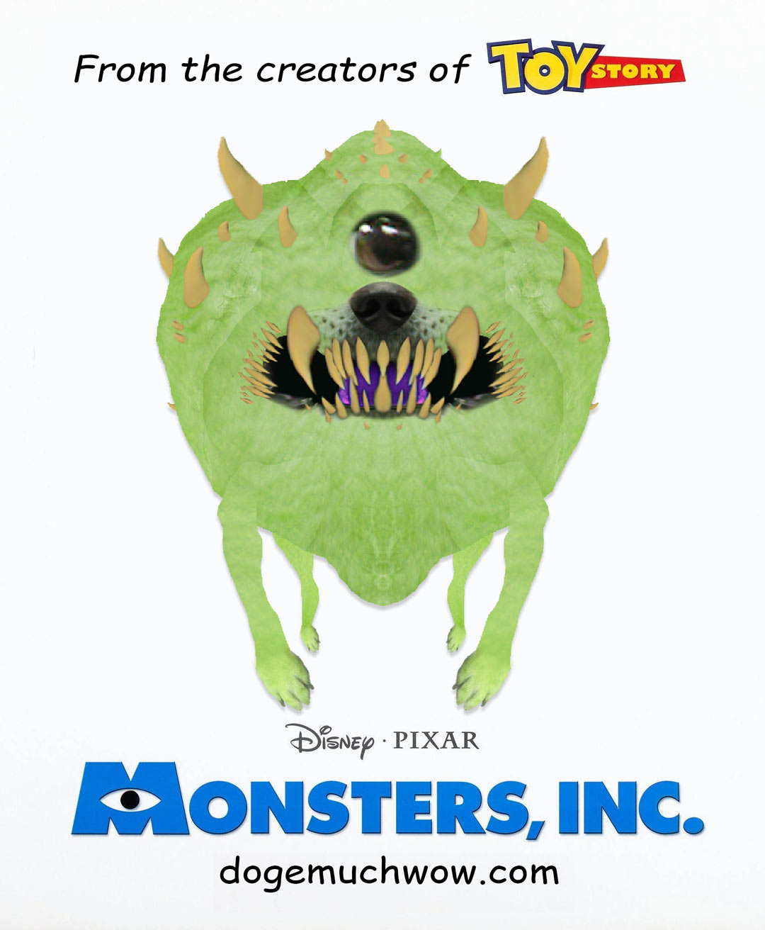 Doge themed Monsters Inc movie poster depicting one eyed doge monster. Such creature. Much horror. Wow.