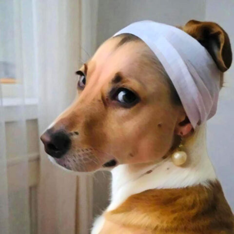 Dog version of the iconic Girl With A Pearl Earring painting. Such art. Wow.
