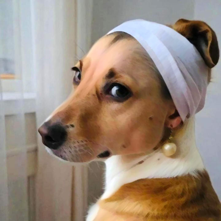 Dog version of the iconic Girl With A Pearl Earring painting. Such art. Wow.