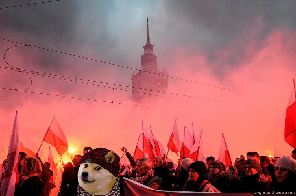 Doge going through thick smoke illuminated by red flares during the Poland's indepence day celebrations.