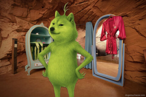 Doge grinch standing naked in his cave. Such Christmas. Will steal? Wow.