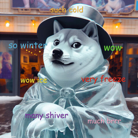 Classic Doge Meme depicting frozen Doge statue. Captions: Such cold, So winter, Wow ice, Very freeze, Many shiver, Much brrr.