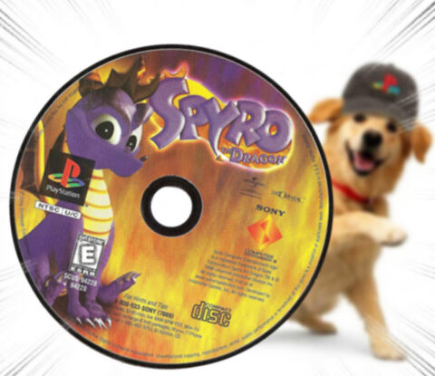 Dog wearing a PlayStation hat throwing a Spyro The Dragon CD for PlayStation 1. Such memories. Wow.