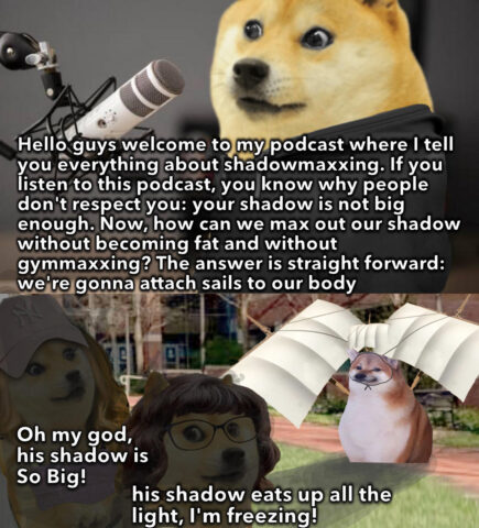 2 slide comic depicting Doge talking to microphone (top) and Cheems showing girls his sails maxxed shadow (bottom). They seem impressed. Doge: Hello guys welcome to my podcast where I tell you everything about shadowmaxxing. If you listen to this podcast, you know why people don't respect you: your shadow is not big enough. Now, how can we max out our shadow without becoming fat and without gymmaxxing? The answer is straight forward: we're gonna attach sails to our body. Girl 1: Oh my god his shadow is SO BIG! Girl 2: His shadow eats up all light, I'm freezing!
