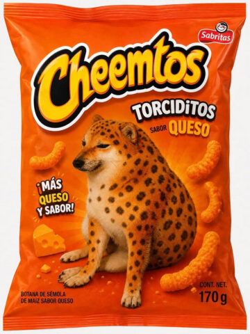 A pack of Cheemtos cheese puffs depicting cheeta Cheems on the cover. Torciditos sabor queso. Mas queso y sabor! Wow.