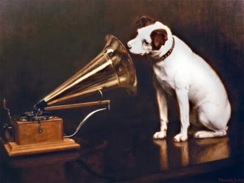 His Master's Voice painting by Francis Barraud depicting his dog Nipper, a brown-and-white terrier mix listening to gramophone.